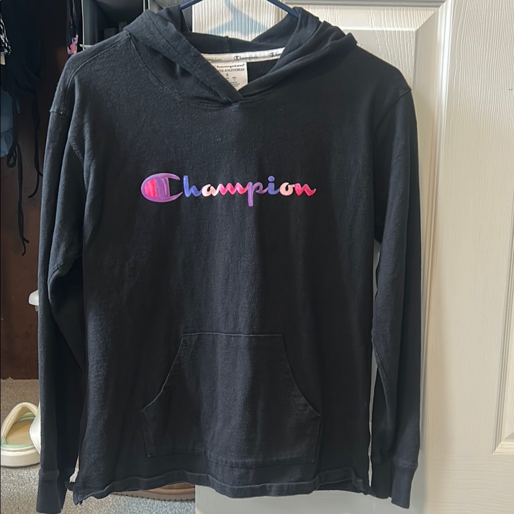 Champion Black Hoodie with Multicolor Logo
